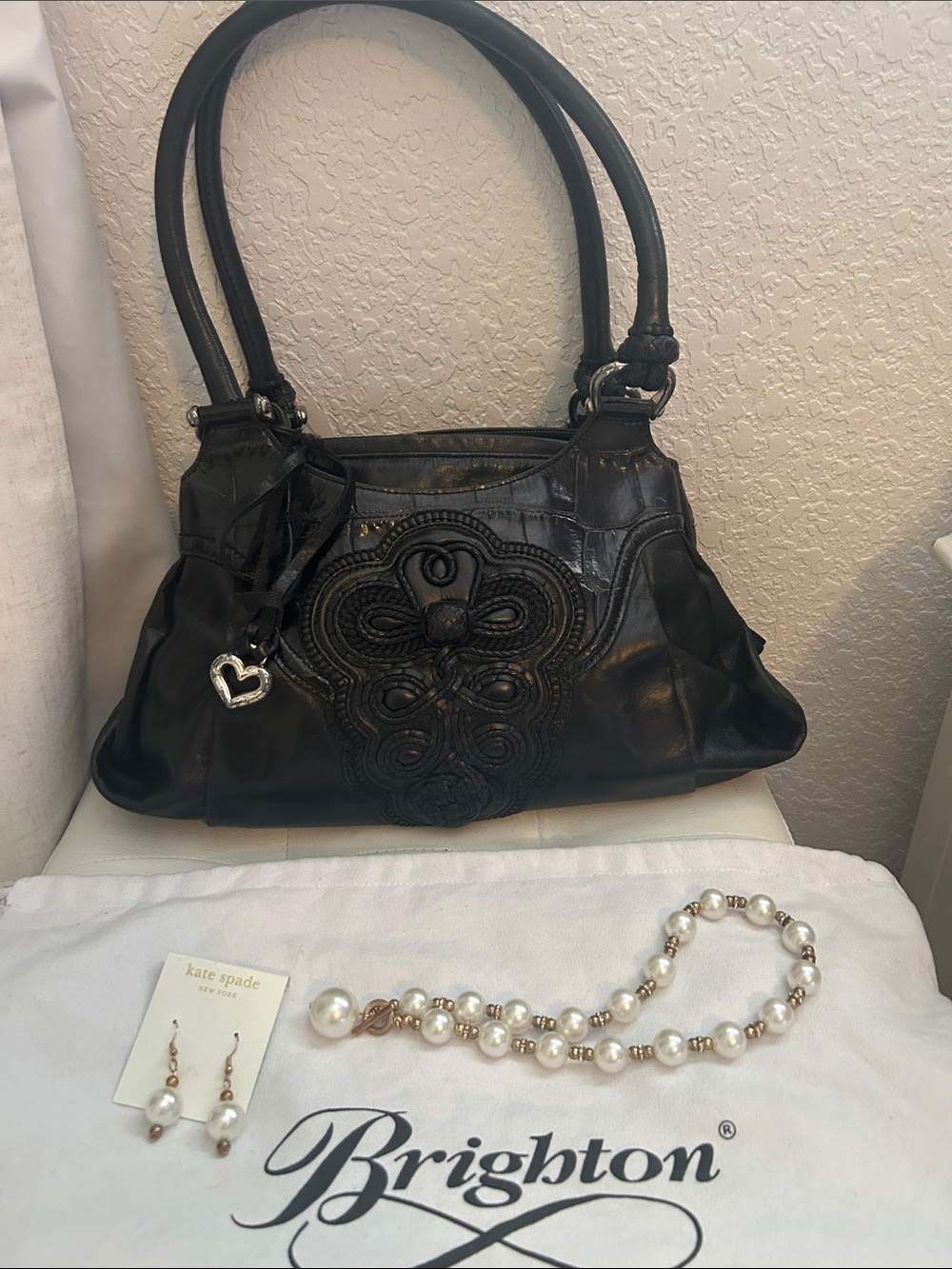 Brighton Black Leather Shoulder Bag with Decorative Front Motif